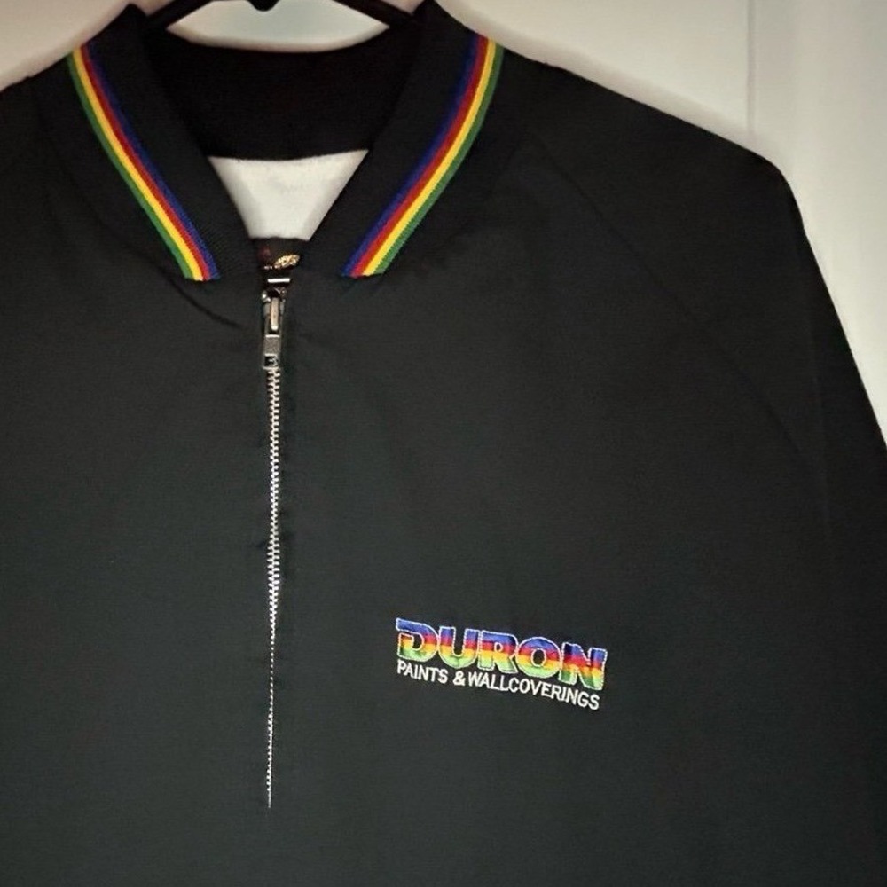Vintage 70's Duron Paints & Wallcoverings Rainbow Trim Black Bomber Jacket NWOT